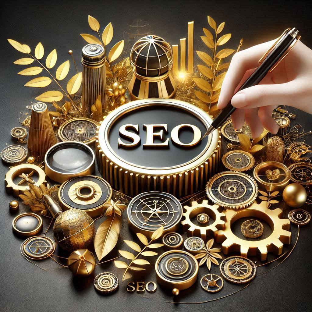 SEO and natural referencing concept with black, white, and gold colors